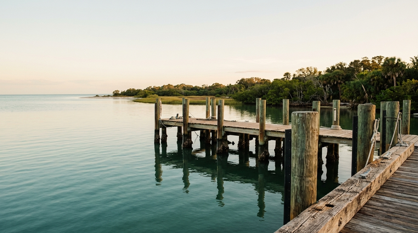 A warm Gulf Coast working waterfront dock at first light in St. Petersburg, Florida
